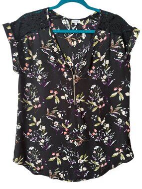 Bootlegger Women's Kismet Black Floral Zipper Front Short Sleeve Top Size Medium